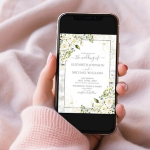 Invitation Mariage moderne gris clair blanc floral or marbre