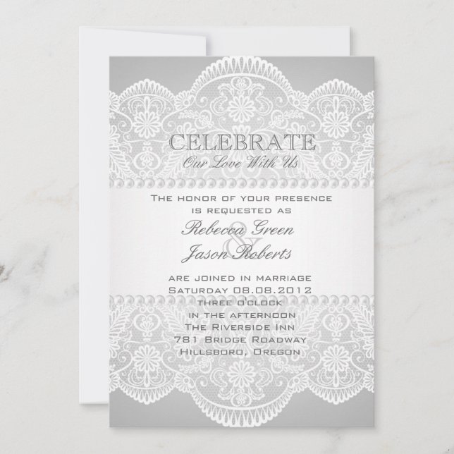 Invitation mariage moderne gris perle blanc dentelle vintage (Devant)