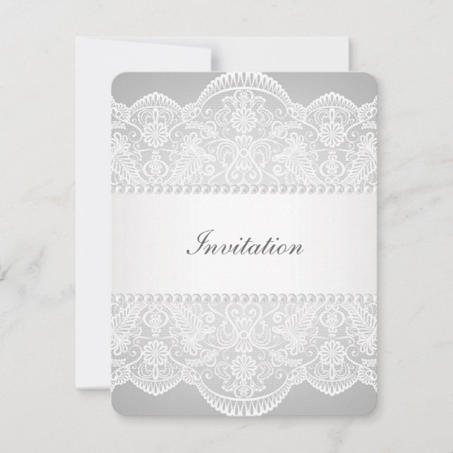 Invitation mariage moderne gris perle blanc dentelle vintage (Devant)