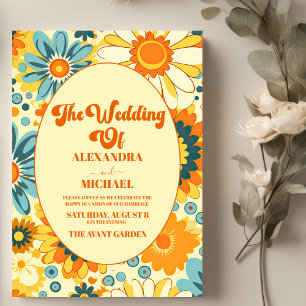 Invitation Mariage moderne groovy floral jaune et orange de m