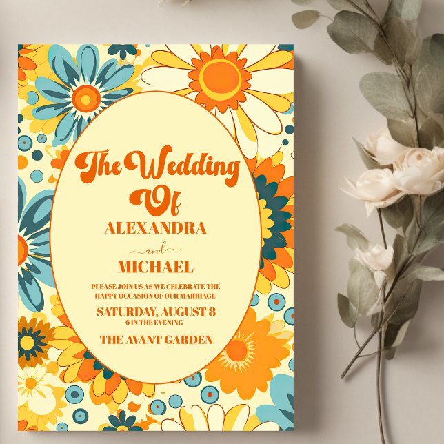 Invitation Mariage moderne groovy floral jaune et orange de m (Créateur téléchargé)