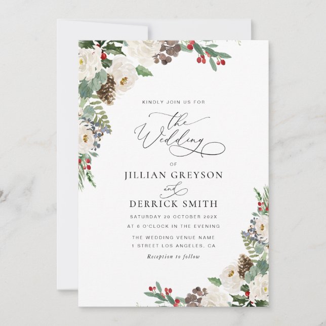 Invitation mariage moderne hiver fleuri (Devant)