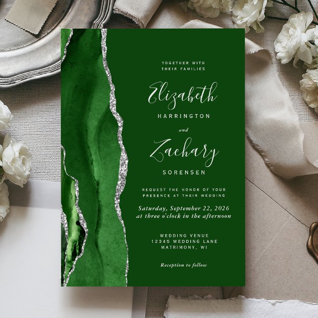 Invitation Mariage moderne Hunter Green Silver Agate (Créateur téléchargé)