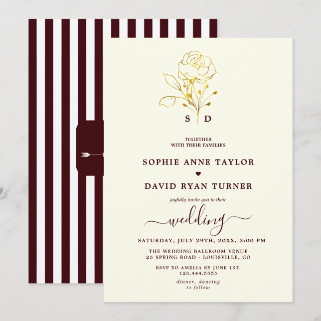 Invitation Mariage Moderne Ivoire Bourgogne Profond Monogramm (Devant / Derrière)