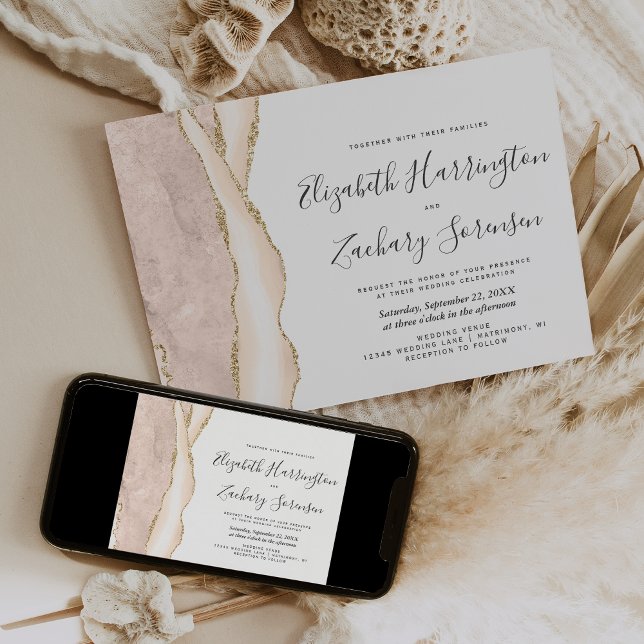 Invitation Mariage Moderne Ivoire Or Agate (Créateur téléchargé)