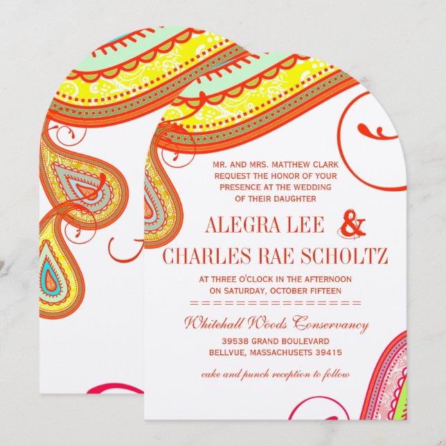 Invitation Mariage moderne Jaune Orange Aqua Mint Paisley (Devant / Derrière)