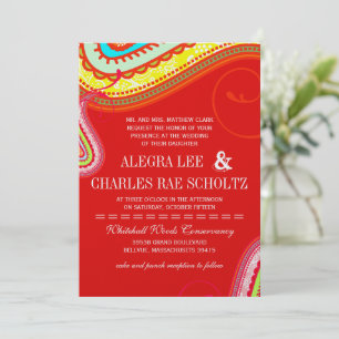Invitation Mariage moderne Jaune Orange Aqua Mint Rouge Paisl