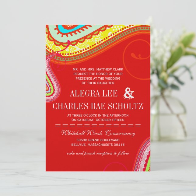 Invitation Mariage moderne Jaune Orange Aqua Mint Rouge Paisl (Debout devant)