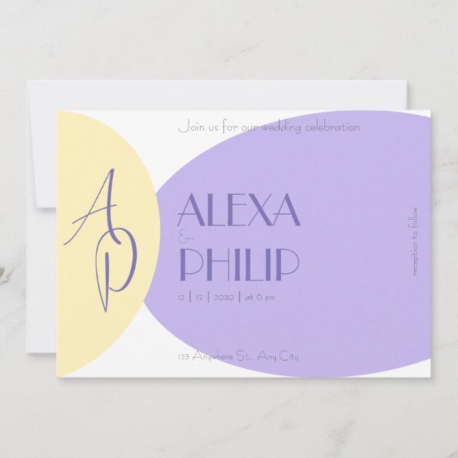Invitation Mariage moderne, jaune, violet (Devant)
