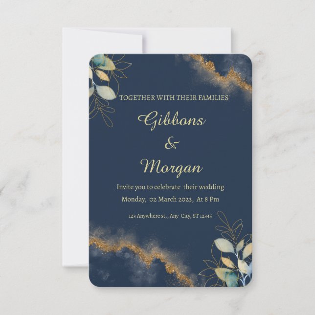 Invitation Mariage Moderne Lavis Aquarelle Bleu Foncé Or (Devant)