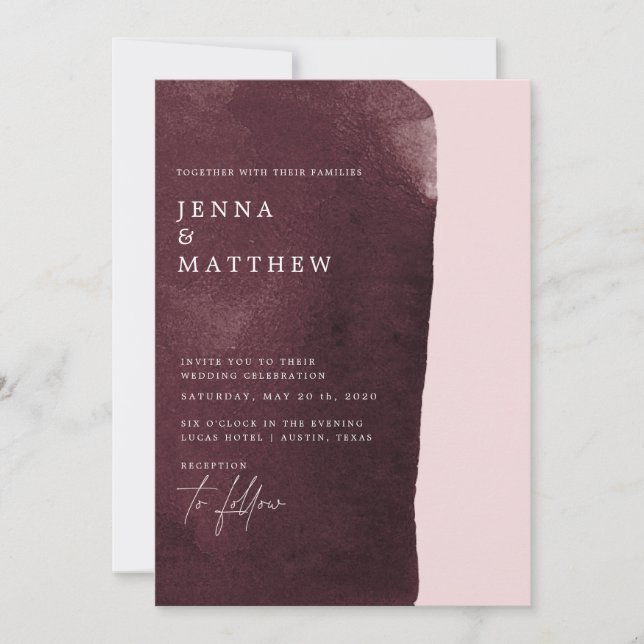 Invitation mariage moderne lavis aquarelle bordeaux (Devant)