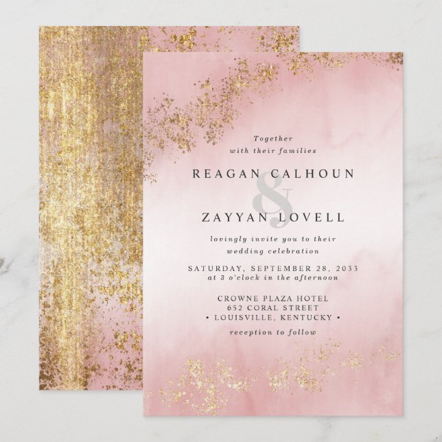 Invitation Mariage moderne Luxe Gold Flecks Blush Rose Mist (Devant / Derrière)