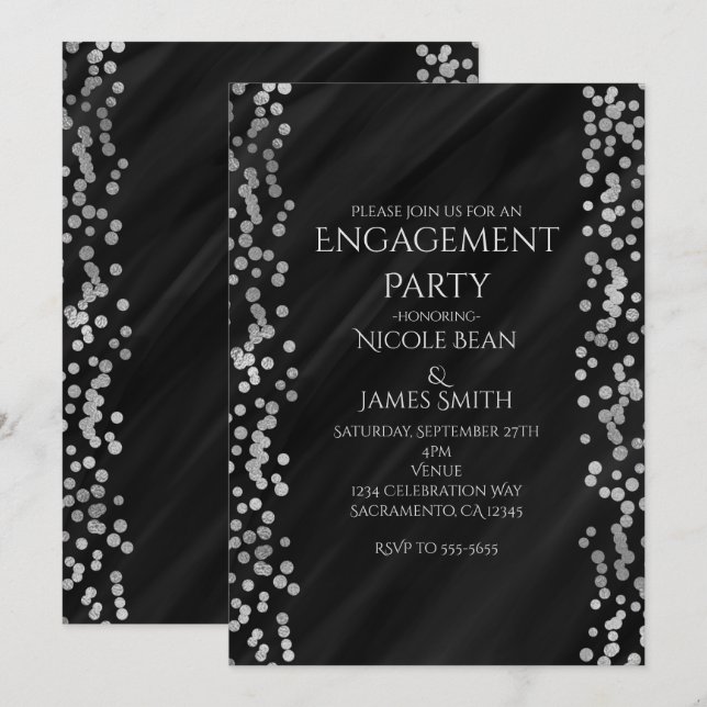 Invitation Mariage Moderne Luxe Noir et Argent Faux (Devant / Derrière)