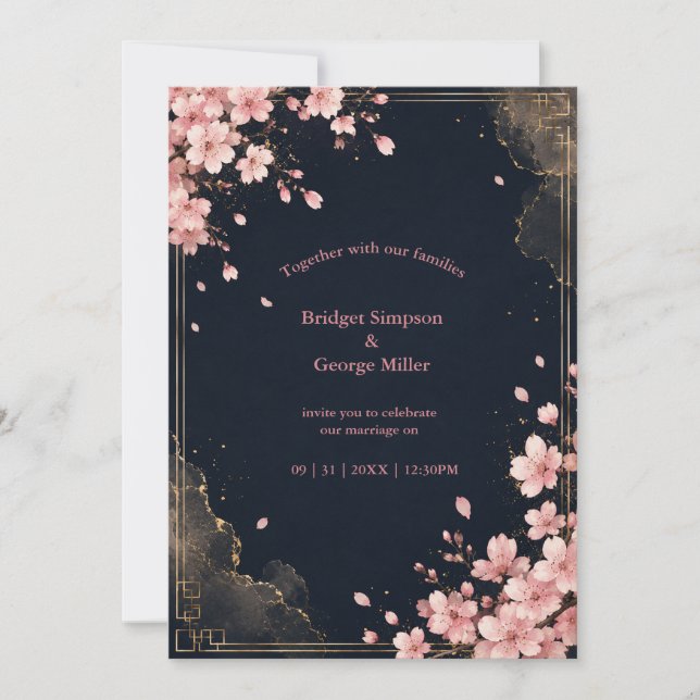 Invitation Mariage Moderne Luxueux Fleur de Sakura (Devant)