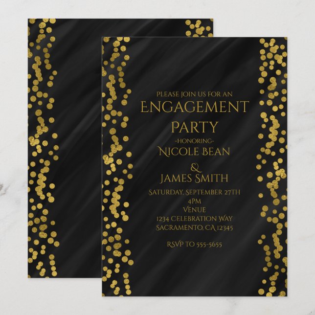 Invitation Mariage Moderne Luxueux Noir et Or Faux Fiançaille (Devant / Derrière)