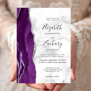 Invitation Mariage Moderne Marbre Agate Violet Argent