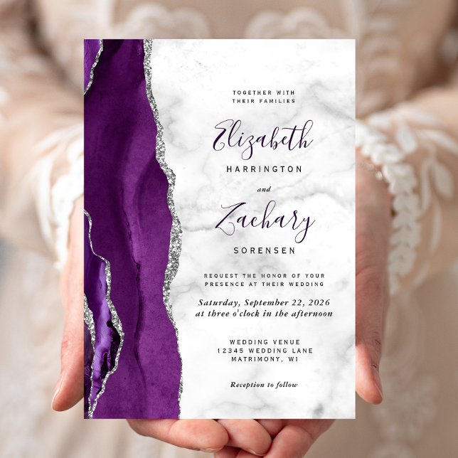 Invitation Mariage Moderne Marbre Agate Violet Argent (Créateur téléchargé)