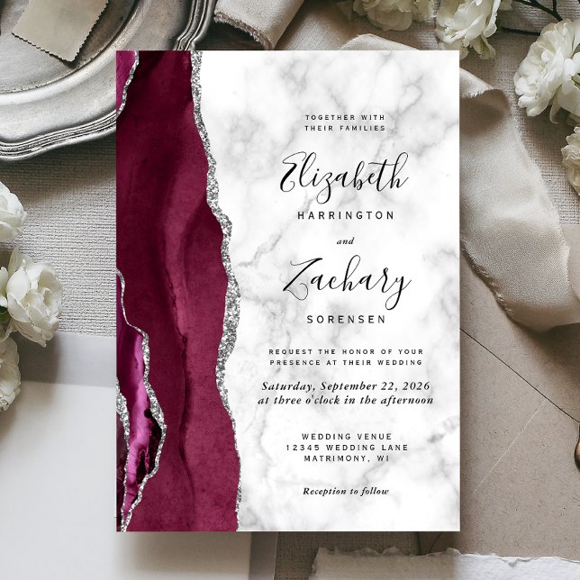 Invitation Mariage Moderne Marbre d'Agate Argent Bourgogne (Créateur téléchargé)