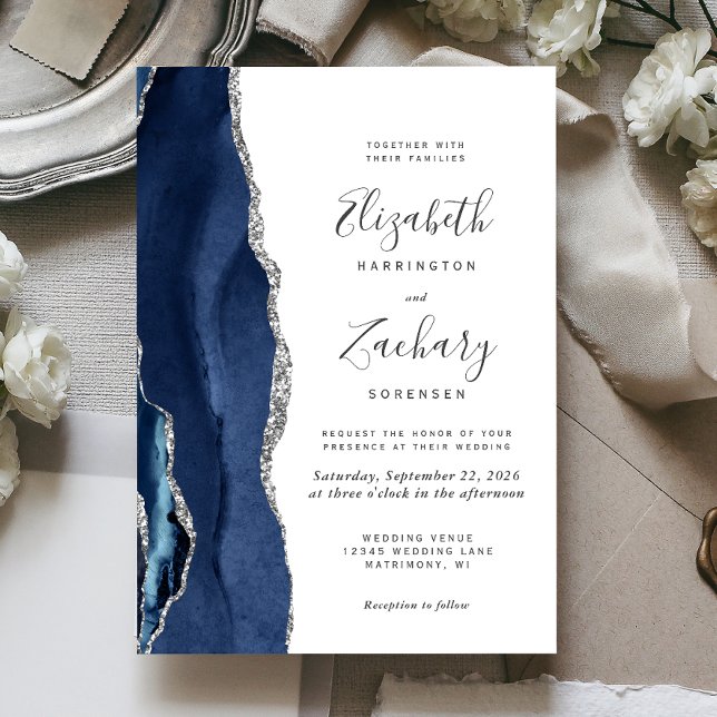 Invitation Mariage moderne Marine Blue Silver Agate (The perfect choice for a navy blue and silver themed wedding.)