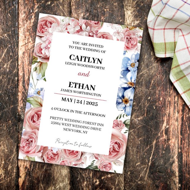 Invitation Mariage moderne Marine & Fleurs rouges légères (Créateur téléchargé)