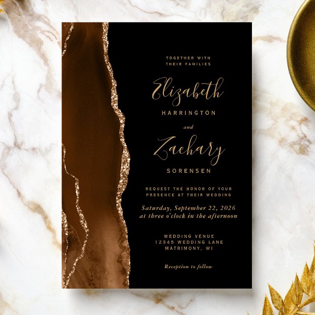 Invitation Mariage Moderne Marron Mocha Agate Doré Foncé (Créateur téléchargé)