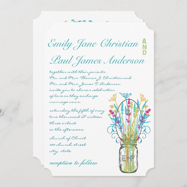 Invitation Mariage moderne Mason Jar Aqua rose jaune citron (Devant / Derrière)