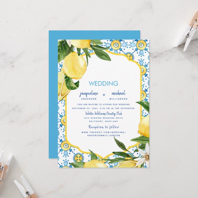 Invitation Mariage moderne méditerranéen bleu & citrons (Devant/Arrière en situation)