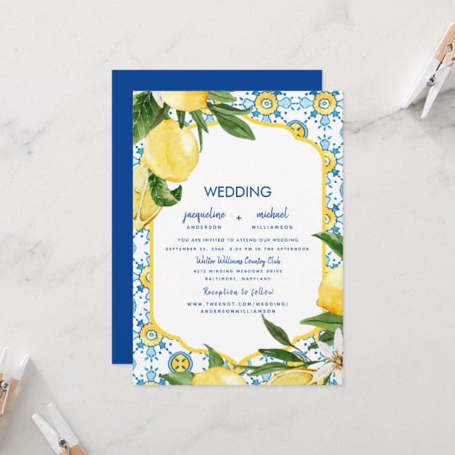 Invitation Mariage Moderne Méditerranéen Bleu Cobalt & Citron (Devant/Arrière en situation)