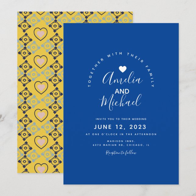Invitation Mariage Moderne Méditerranéen Bleu Jaune (Devant / Derrière)