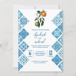 Invitation Mariage moderne méditerranéen citron bleu carreaux