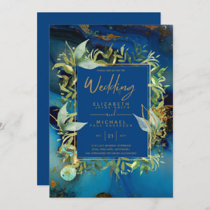 Invitation Mariage moderne Midnight Blue Gold Greenery