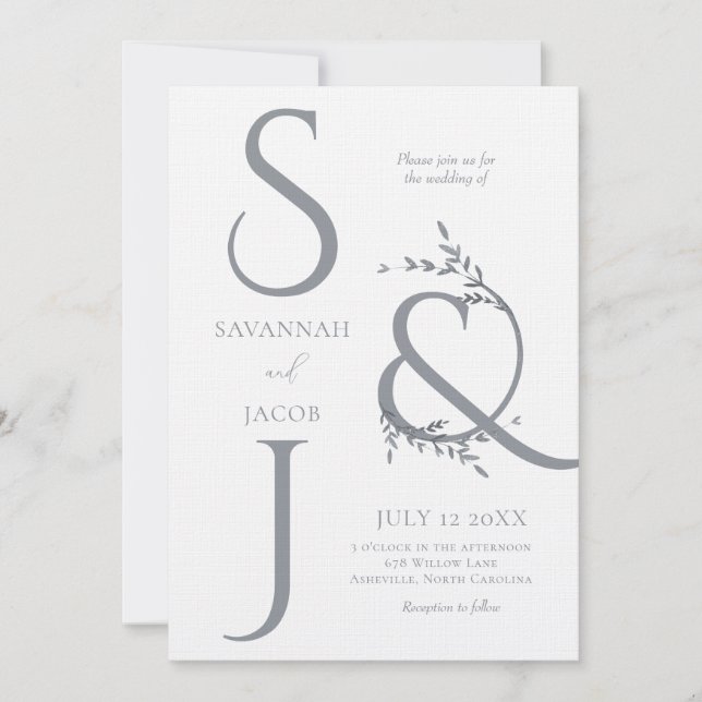 Invitation Mariage Moderne Minimaliste Blanc & Argent  (Devant)