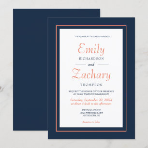 Invitation Mariage Moderne Minimaliste Bleu Nuit et Corail