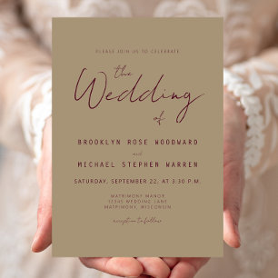 Invitation Mariage Moderne Minimaliste Bourgogne Écriture Dor