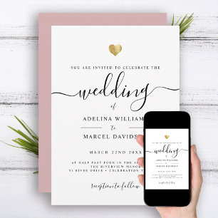Invitation Mariage Moderne Minimaliste Calligraphie Cœur Doré