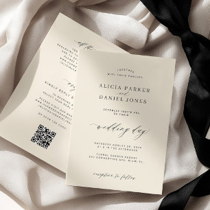Invitation Mariage moderne minimaliste code QR ivoire noir