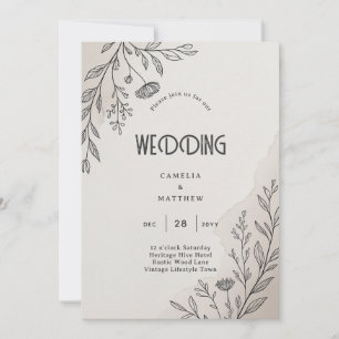 Invitation Mariage Moderne Minimaliste Floral Line Art Hérita