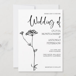 Invitation Mariage moderne minimaliste floral noir et blanc
