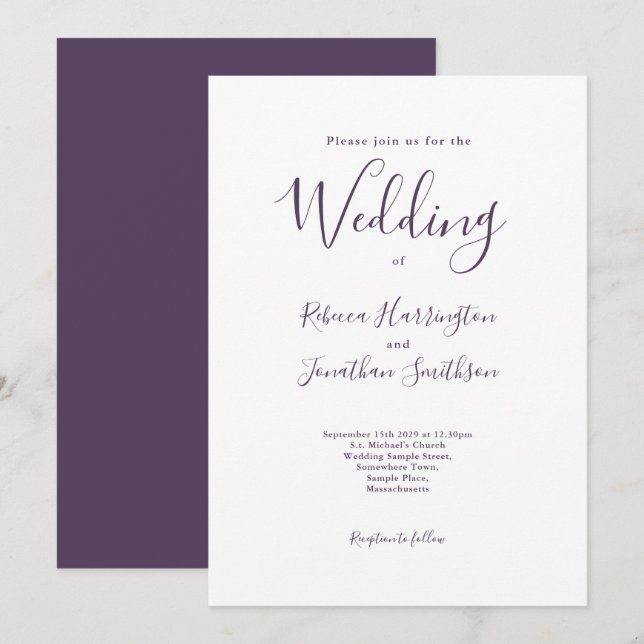 Invitation Mariage moderne minimaliste violet blanc (Devant / Derrière)
