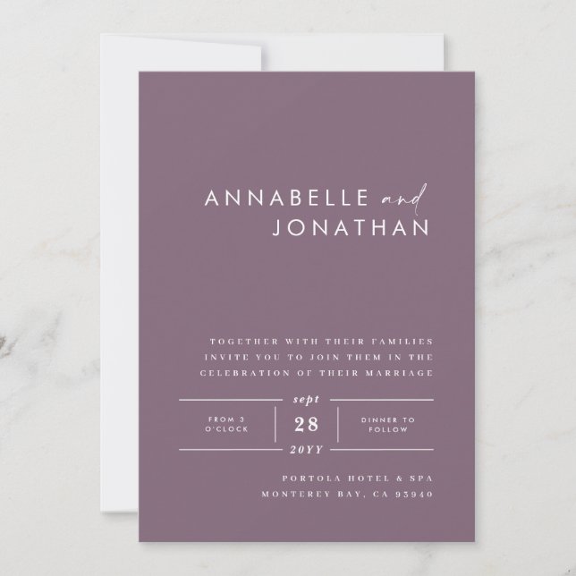 Invitation Mariage moderne minimaliste violet contemporain (Devant)