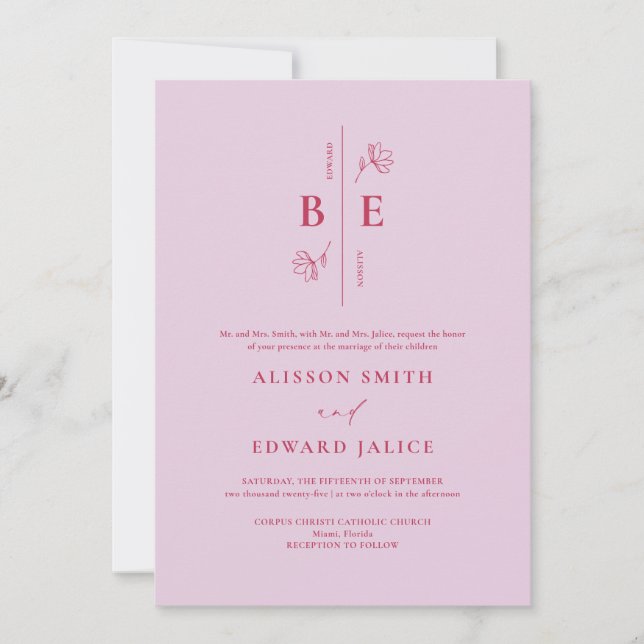 Invitation Mariage moderne Monogram Crest Lavande Magenta (Devant)