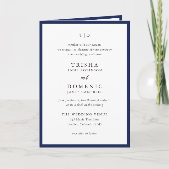 Invitation Mariage Moderne Monogramme Bleu Marine Élégant (Devant)