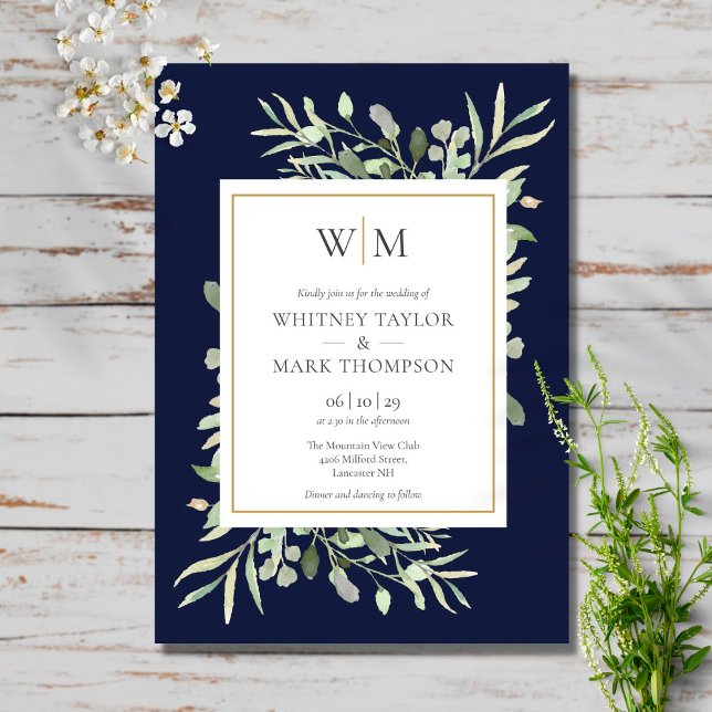 Invitation Mariage Moderne Monogramme Bleu Marine Verdure (Créateur téléchargé)