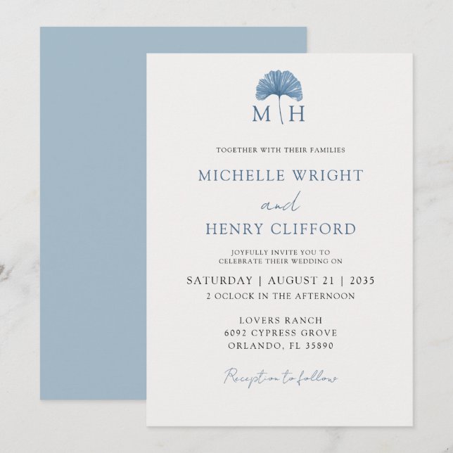 Invitation Mariage Moderne Monogramme Bleu Poussiéreux  (Devant / Derrière)