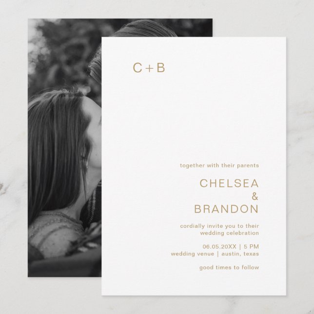 Invitation Mariage Moderne Monogramme Doré (Devant / Derrière)