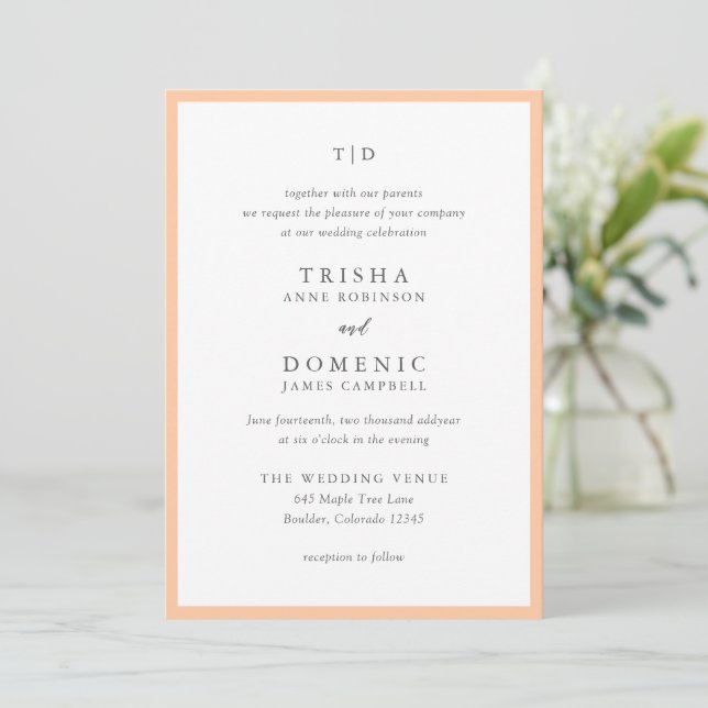 Invitation Mariage Moderne Monogramme Élégant Pêche (Debout devant)