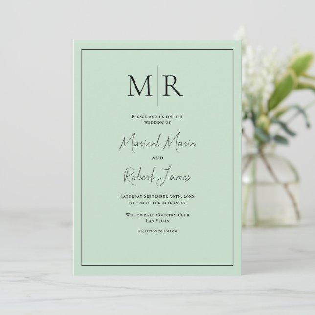 Invitation Mariage Moderne Monogramme Élégant Vert Menthe (Debout devant)