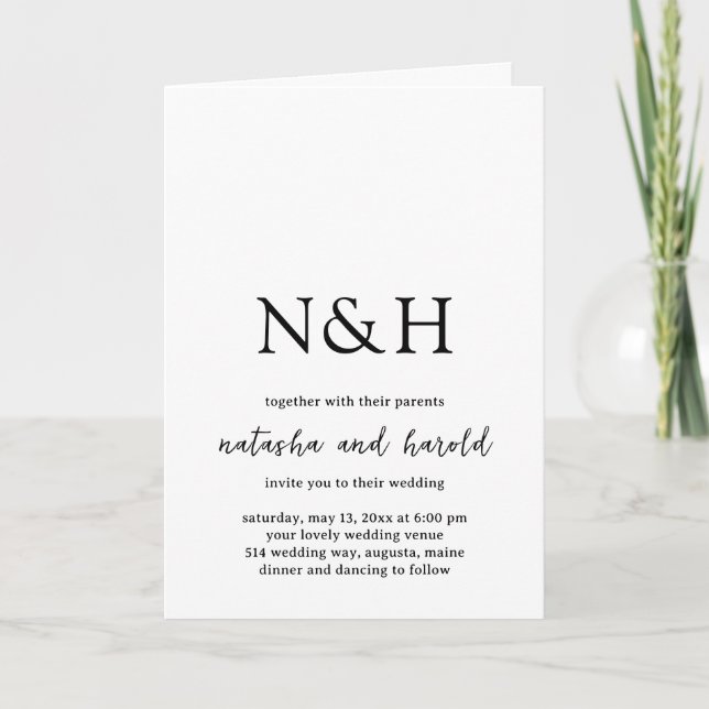 Invitation Mariage Moderne Monogramme Gras Noir et Blanc (Devant)