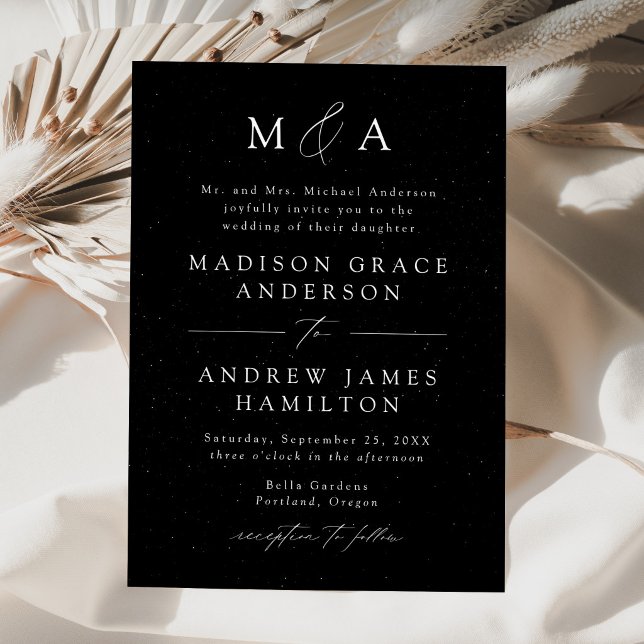 Invitation Mariage Moderne Monogramme Noir et Blanc Moucheté (Créateur téléchargé)
