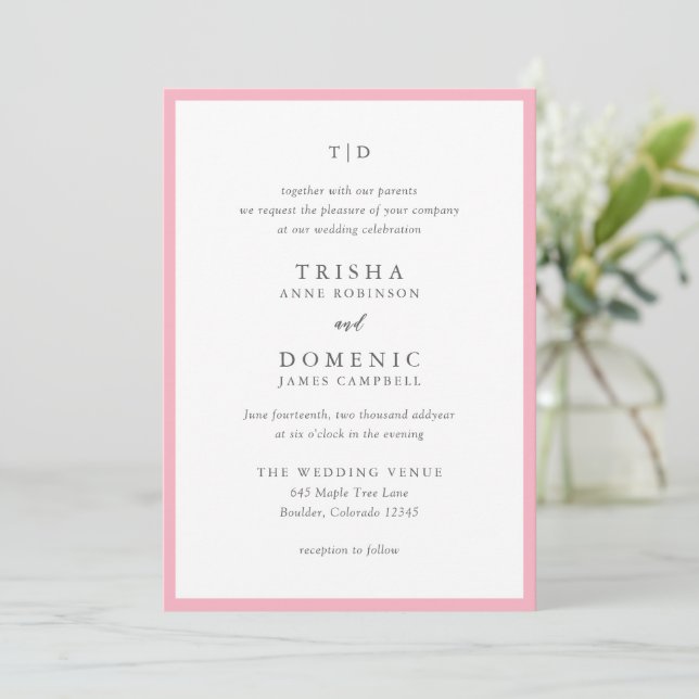 Invitation Mariage Moderne Monogramme Rose Élégant (Debout devant)